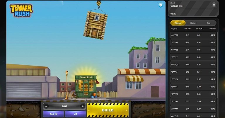 Tower Rush Spieloberflaeche mit Kran-Mechanik und Multiplikatoren